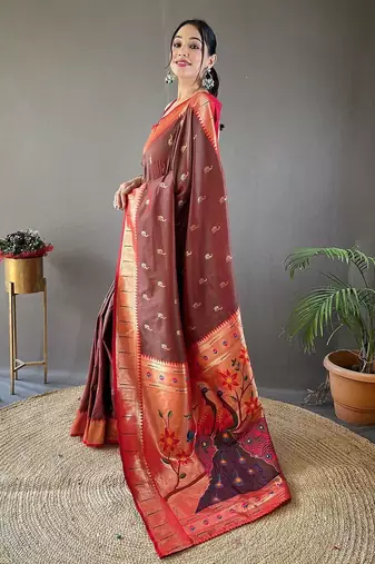 brown ethnic motifs woven design zari paithani saree