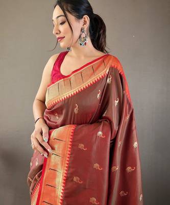 brown ethnic motifs woven design zari paithani saree 3