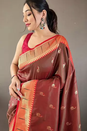 brown ethnic motifs woven design zari paithani saree
