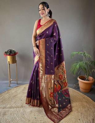purple ethnic motifs woven design paithani silk saree 1