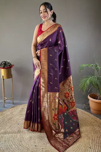 purple ethnic motifs woven design paithani silk saree