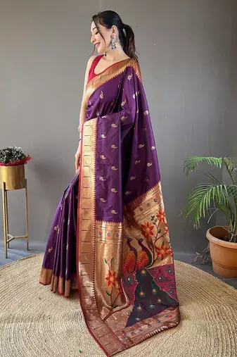 purple ethnic motifs woven design paithani silk saree