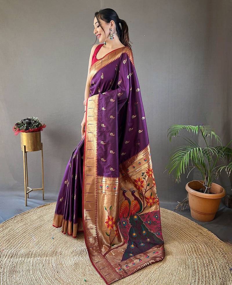 purple ethnic motifs woven design paithani silk saree