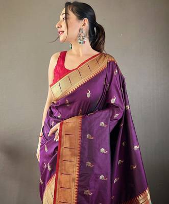 purple ethnic motifs woven design paithani silk saree 3
