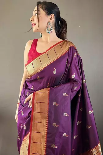 purple ethnic motifs woven design paithani silk saree