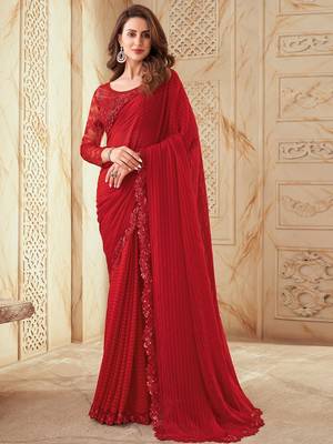 red red striped embroidered saree 1