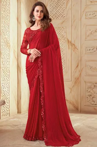 red red striped embroidered saree