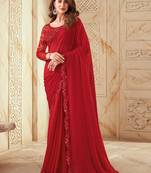 red red striped embroidered saree