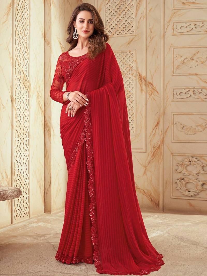 red red striped embroidered saree