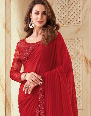 red red striped embroidered saree 2