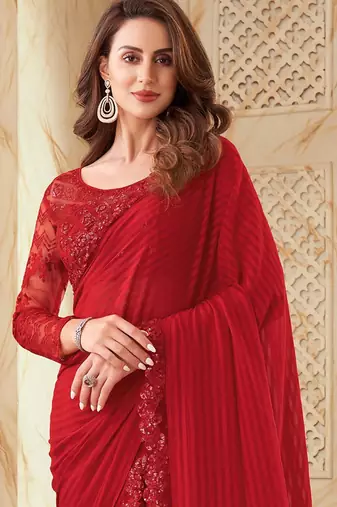 red red striped embroidered saree
