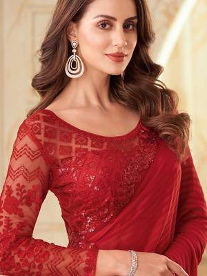 red red striped embroidered saree 3