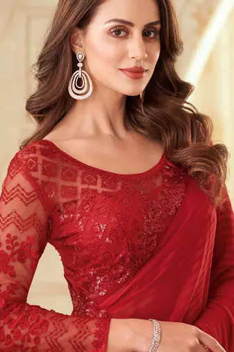 red red striped embroidered saree