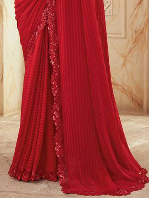 red red striped embroidered saree 4