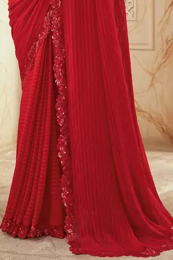red red striped embroidered saree