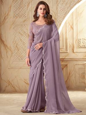 pink pink embellished sequinned georgette saree 1