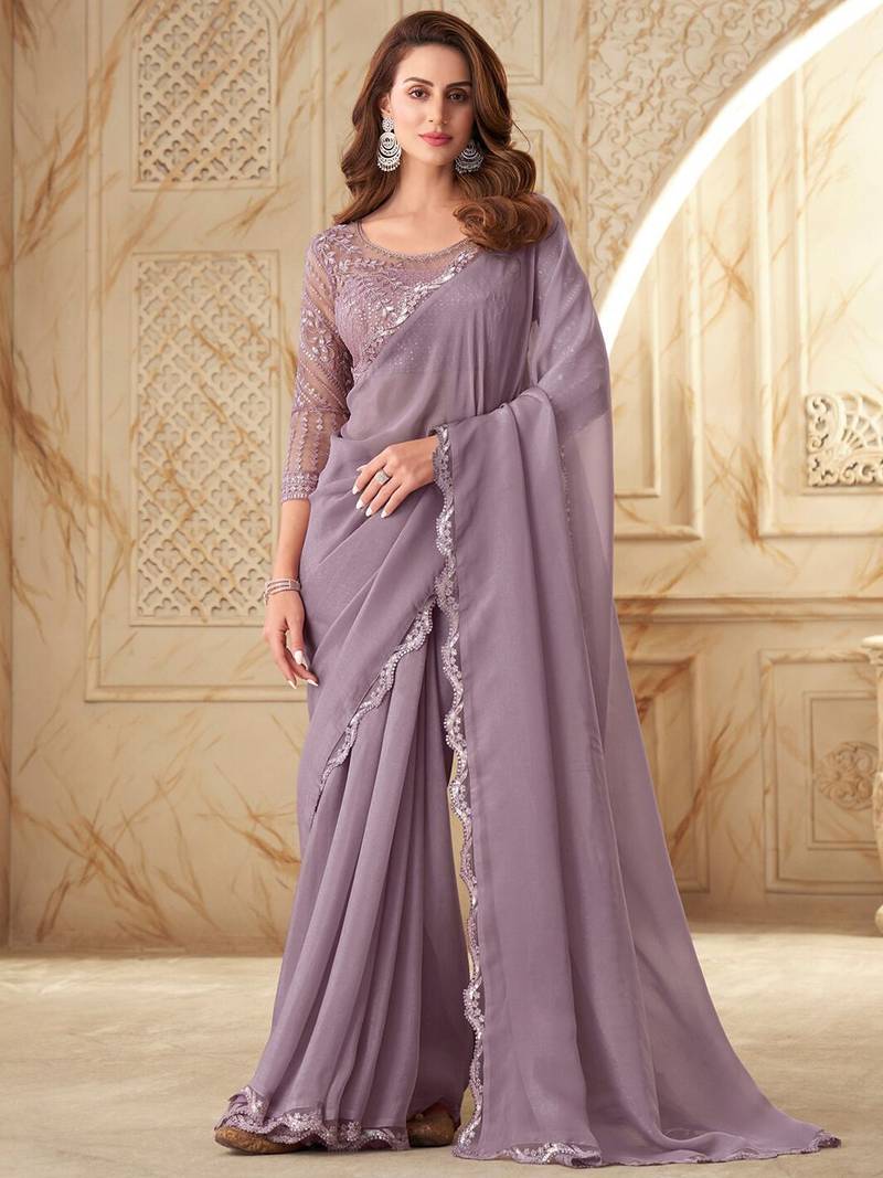 pink pink embellished sequinned georgette saree