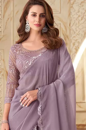 pink pink embellished sequinned georgette saree