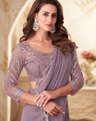 pink pink embellished sequinned georgette saree 3