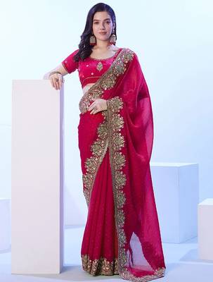 red floral sequinned satin saree 1