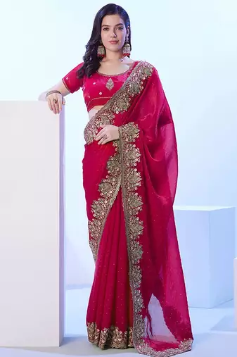 red floral sequinned satin saree