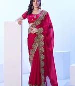 red floral sequinned satin saree