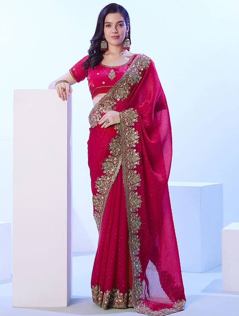 red floral sequinned satin saree