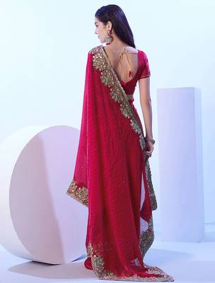 red floral sequinned satin saree 3