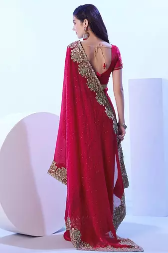 red floral sequinned satin saree