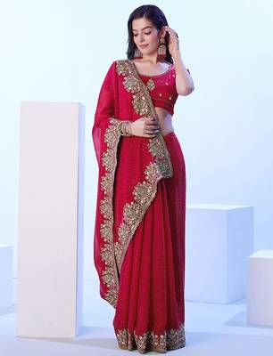 red floral sequinned satin saree 4
