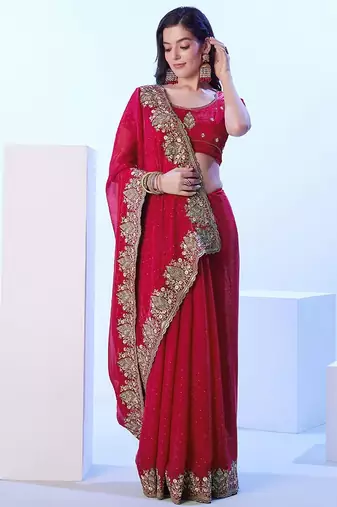 red floral sequinned satin saree