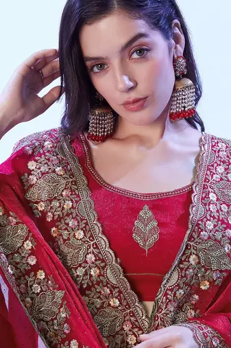 red floral sequinned satin saree
