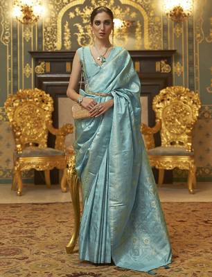 blue blue & gold-toned floral zari silk blend banarasi saree 1
