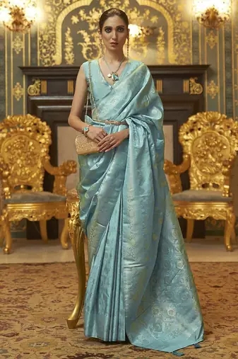 blue blue & gold-toned floral zari silk blend banarasi saree
