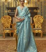 blue blue & gold-toned floral zari silk blend banarasi saree