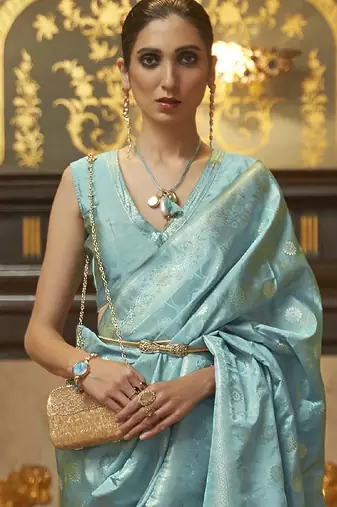 blue blue & gold-toned floral zari silk blend banarasi saree