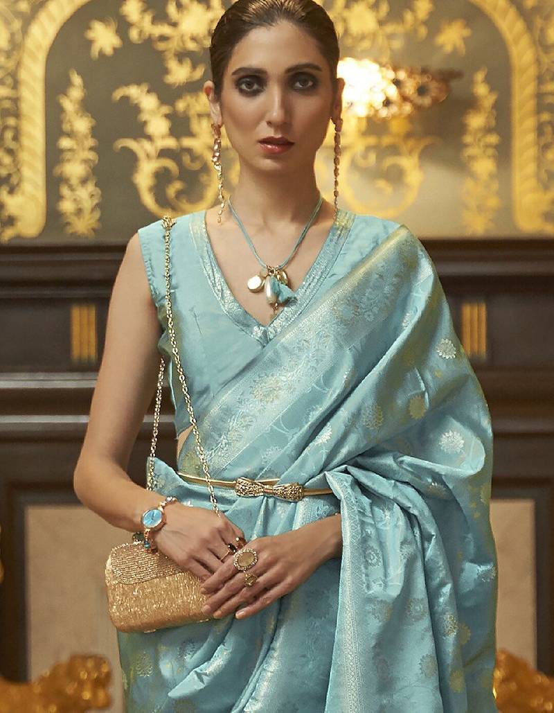 blue blue & gold-toned floral zari silk blend banarasi saree