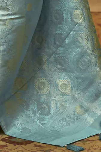 blue blue & gold-toned floral zari silk blend banarasi saree