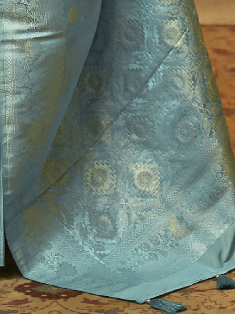 blue blue & gold-toned floral zari silk blend banarasi saree