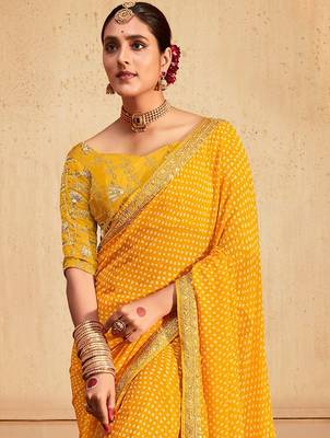 yellow yellow white bandhani printed embroidered poly georgette bandhani saree 1