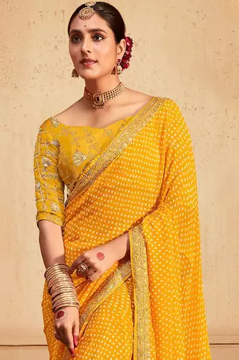 yellow yellow white bandhani printed embroidered poly georgette bandhani saree