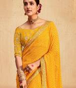 yellow yellow white bandhani printed embroidered poly georgette bandhani saree