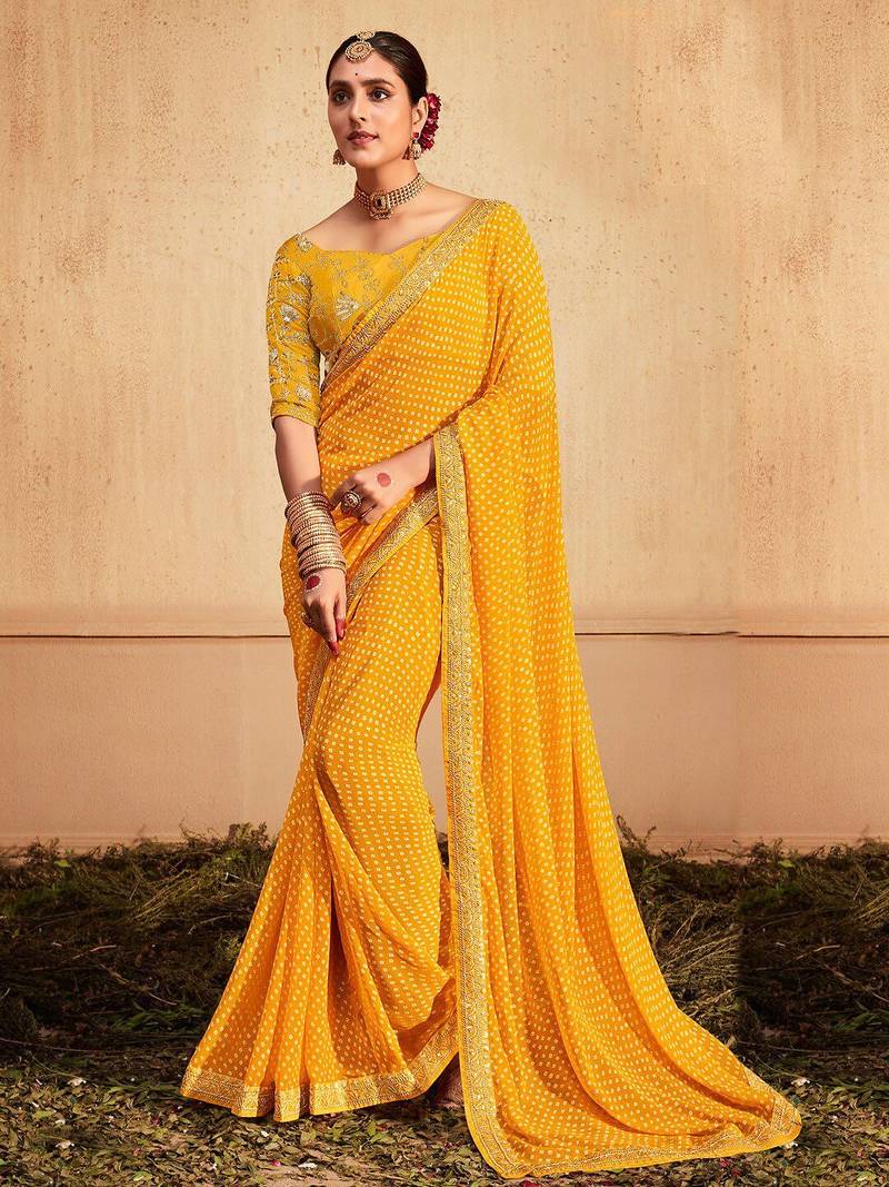 yellow yellow white bandhani printed embroidered poly georgette bandhani saree