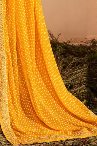 yellow yellow white bandhani printed embroidered poly georgette bandhani saree