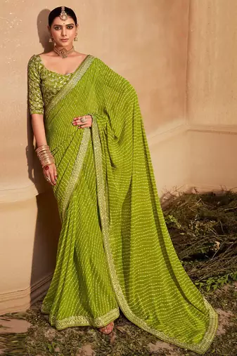 green green & white leheriya embroidered pure georgette saree
