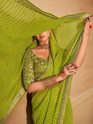 green green & white leheriya embroidered pure georgette saree 3