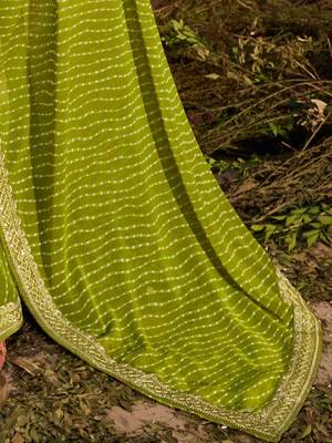 green green & white leheriya embroidered pure georgette saree 4