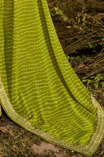 green green & white leheriya embroidered pure georgette saree