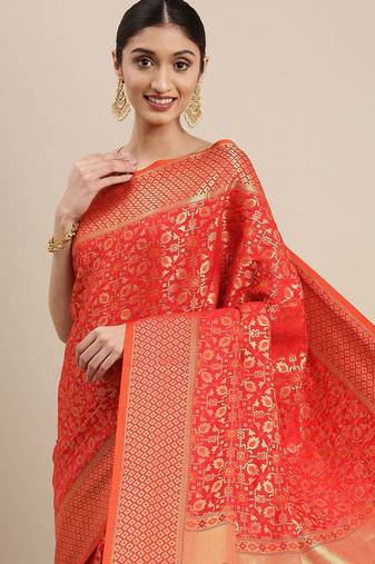 red red & gold-toned ethnic motifs zari silk blend patola saree
