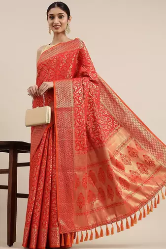red red & gold-toned ethnic motifs zari silk blend patola saree